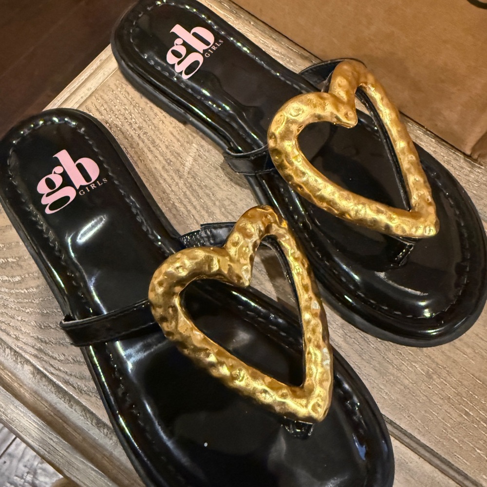 GB Girls Black Sandals with Gold Heart Accent